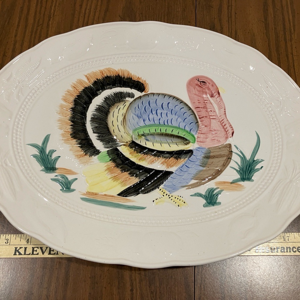 Vintage Ceramic Turkey Serving Platter Thanksgiving Holiday Oval Dish 17.5 Inch